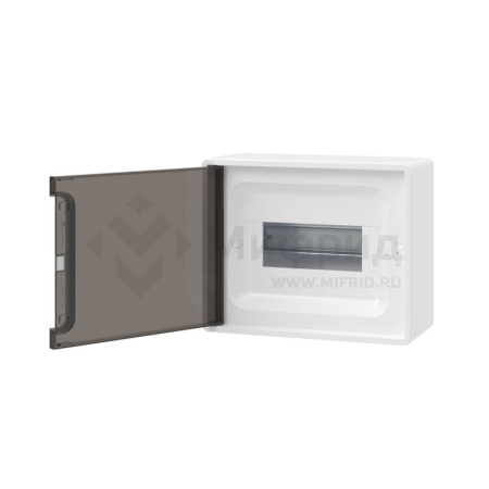 Щиток настенный Фрейм (FRAME) 8 мод. с тонированной дверцей с 2 шинами PEN на 6 и 8 отверст. бел. DKC F08W1WD