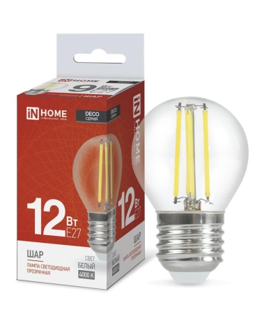 Лампа светодиодная LED-ШАР-deco 12Вт 230В E27 4000К 1350лм прозрачная IN HOME 4690612053691 Лампа светодиодная LED-ШАР-deco 12Вт 230В E27 4000К 1350лм прозрачная IN HOME 4690612053691