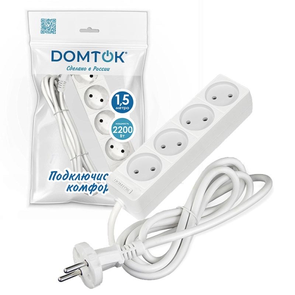 Удлинитель 4х1.5м без заземл. 10А IP20 2.2кВт ПВС 2х1 бел. DOMTOK 2354 Удлинитель 4х1.5м без заземл. 10А IP20 2.2кВт ПВС 2х1 бел. DOMTOK 2354