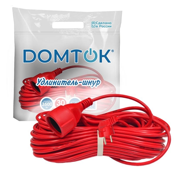 Удлинитель-шнур 1х30м с заземл. 16А IP20 3.5кВт ПВС 3х1.5 DOMTOK 2498 Удлинитель-шнур 1х30м с заземл. 16А IP20 3.5кВт ПВС 3х1.5 DOMTOK 2498