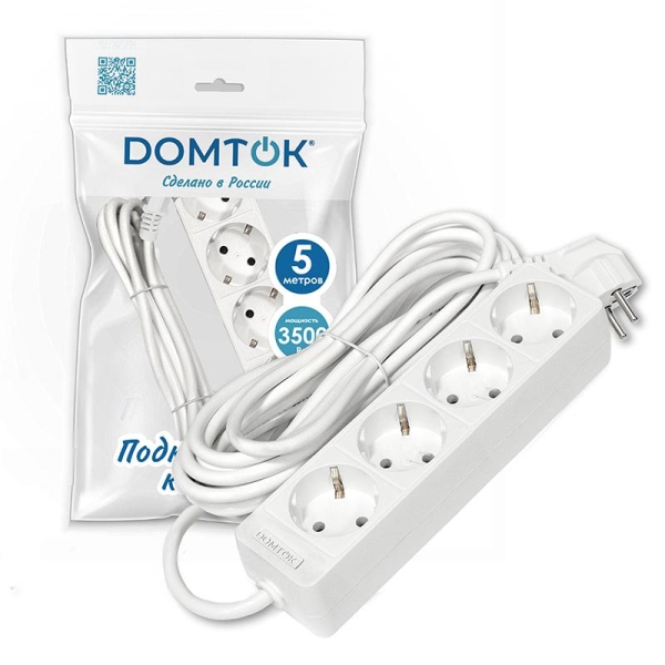 Удлинитель 4х5м с заземл. 16А IP20 3.5кВт ПВС 3х1 бел. DOMTOK 2397 Удлинитель 4х5м с заземл. 16А IP20 3.5кВт ПВС 3х1 бел. DOMTOK 2397