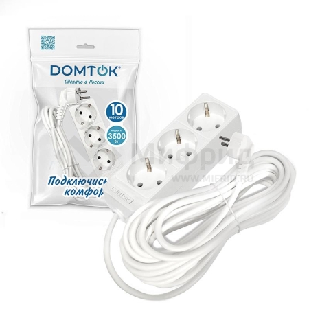 Удлинитель 3х10м с заземл. 16А IP20 3.5кВт ПВС 3х1 бел. DOMTOK 2390
