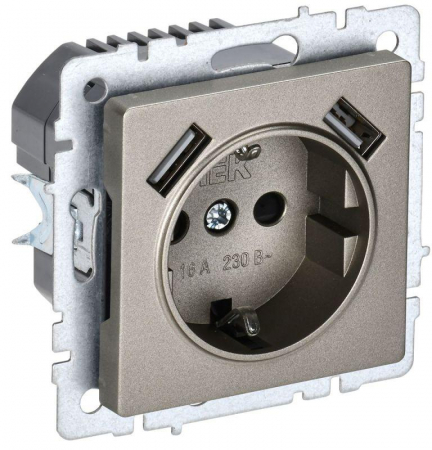 Розетка BRITE РЮш10-1-БрШ 16А с USB A+A 2.1А с заземл. защ. шторки механизм шампань IEK BR-R14-16-U21-D21-K37 Розетка BRITE РЮш10-1-БрШ 16А с USB A+A 2.1А с заземл. защ. шторки механизм шампань IEK BR-R14-16-U21-D21-K37