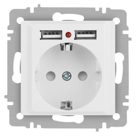 Розетка 1-м СП Accent 6-410-01М 16А IP20 250В P+E Schuko защ. шторки + 2хUSB бел. матов. Intro Б0063691