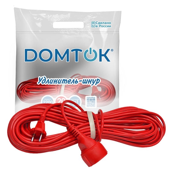 Удлинитель-шнур 1х20м без заземл. 10А IP20 2.2кВт ПВС 2х1 DOMTOK 2489 Удлинитель-шнур 1х20м без заземл. 10А IP20 2.2кВт ПВС 2х1 DOMTOK 2489