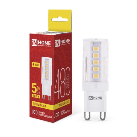 Лампа светодиодная LED-JCD 5Вт 230В G9 3000К 480лм IN HOME 4690612059020 Лампа светодиодная LED-JCD 5Вт 230В G9 3000К 480лм IN HOME 4690612059020