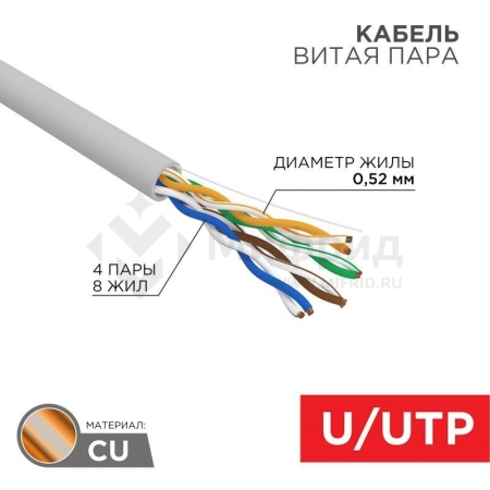 Кабель витая пара U/UTP кат.5e 4х2х24AWG LSZH нг(А)-HF INDOOR SOLID сер. (305м) PRO Rexant 02-0004