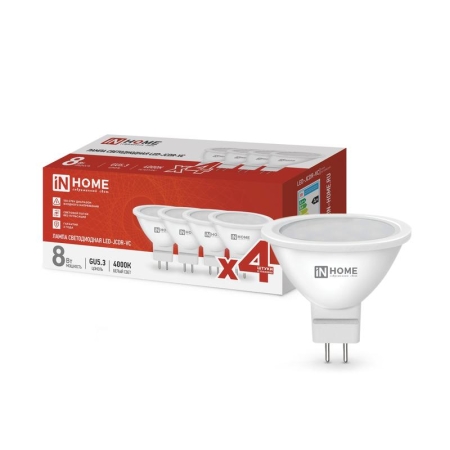 Лампа светодиодная LED-JCDR-VC 4PACK 8Вт 230В GU5.3 4000К 720лм (уп.4шт) IN HOME 4690612047928 Лампа светодиодная LED-JCDR-VC 4PACK 8Вт 230В GU5.3 4000К 720лм (уп.4шт) IN HOME 4690612047928