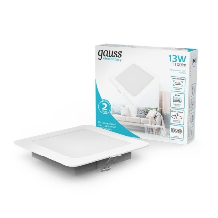Светильник светодиодный Elementary Downlight 13Вт 4000К 1100лм 170-260В IP20 145х26 квадрат монтаж бел. GAUSS 998420212 Светильник светодиодный Elementary Downlight 13Вт 4000К 1100лм 170-260В IP20 145х26 квадрат монтаж бел. GAUSS 998420212