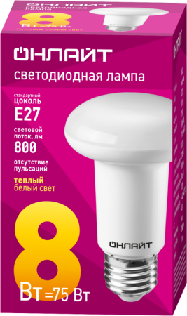 Лампа светодиодная 71 653 OLL-R63-8-230-2.7K-E27 8Вт 2700К тепл. бел. E27 800лм 176-264В ОНЛАЙТ 71653
