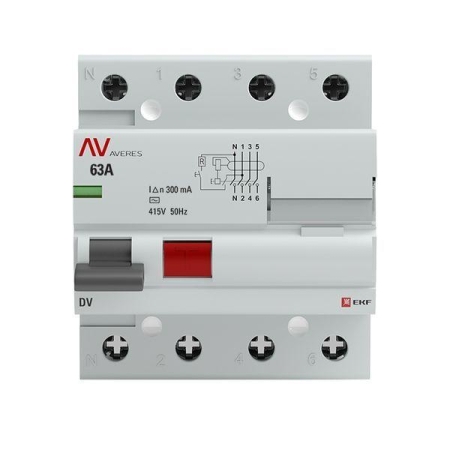 Выключатель дифференциального тока (УЗО) 4п 63А 300мА тип AC DV AVERES EKF rccb-4-63-300-ac-av Выключатель дифференциального тока (УЗО) 4п 63А 300мА тип AC DV AVERES EKF rccb-4-63-300-ac-av