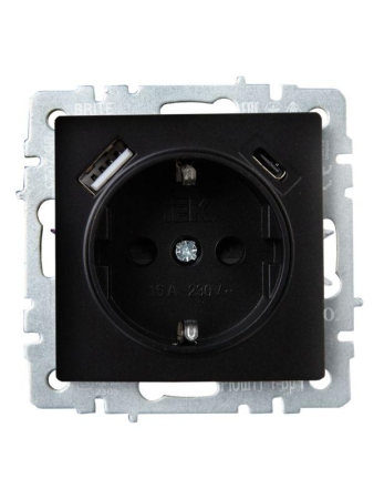 Розетка BRITE РЮш11-1-БрЧ 16А с USB A+C 18Вт с заземл. защ. шторки механизм черн. IEK BR-R14-16-U22-018-K02 Розетка BRITE РЮш11-1-БрЧ 16А с USB A+C 18Вт с заземл. защ. шторки механизм черн. IEK BR-R14-16-U22-018-K02