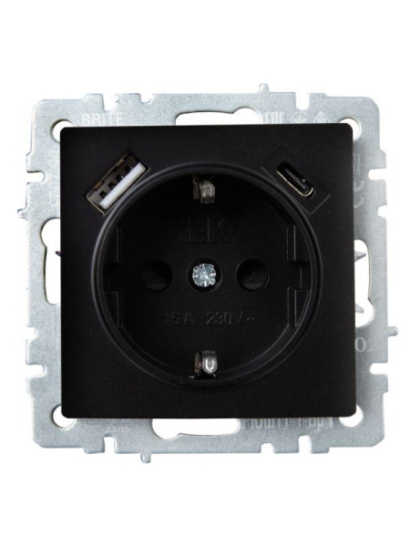 Розетка BRITE РЮш11-1-БрЧ 16А с USB A+C 18Вт с заземл. защ. шторки механизм черн. IEK BR-R14-16-U22-018-K02