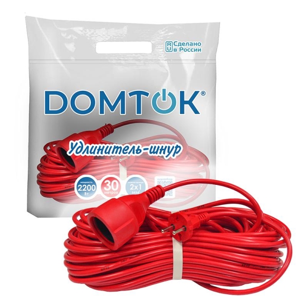 Удлинитель-шнур 1х30м без заземл. 10А IP20 2.2кВт ПВС 2х1 DOMTOK 2490 Удлинитель-шнур 1х30м без заземл. 10А IP20 2.2кВт ПВС 2х1 DOMTOK 2490