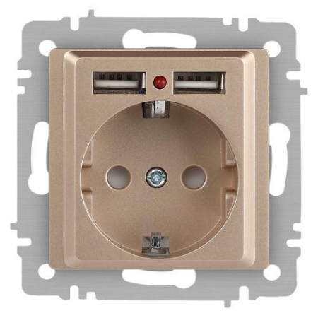 Розетка 1-м СП Accent 6-410-04 16А IP20 250В P+E Schuko + 2хUSB защ. шторки шампань Intro Б0063696 Розетка 1-м СП Accent 6-410-04 16А IP20 250В P+E Schuko + 2хUSB защ. шторки шампань Intro Б0063696