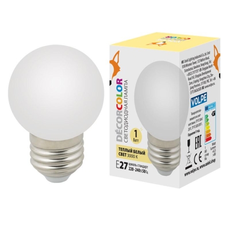 Лампа светодиодная LED-G45-1W/3000K/E27/FR/С 1Вт шар матовая 3000К тепл. бел. E27 декоративная (упак. картон) Volpe UL-00006560 Лампа светодиодная LED-G45-1W/3000K/E27/FR/С 1Вт шар матовая 3000К тепл. бел. E27 декоративная (упак. картон) Volpe UL-00006560