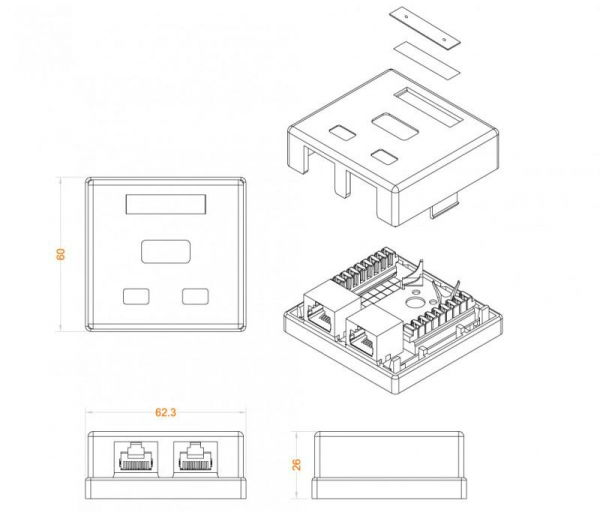 Розетка компьютерная 2-м ОП Dual IDC SB1-2-8P8C-C5e-SH-WH RJ45 (8P8C) кат.5E экранир. Hyperline 430233