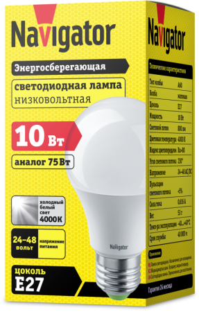 Лампа светодиодная 61 476 NLL-A60-10-24/48-4K-E27 10Вт грушевидная матовая 4000К нейтр. бел. E27 800лм 24-48В низковольтная Navigator 61476 Лампа светодиодная 61 476 NLL-A60-10-24/48-4K-E27 10Вт грушевидная матовая 4000К нейтр. бел. E27 800лм 24-48В низковольтная Navigator 61476