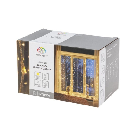 Гирлянда светодиодная "Светодиодный Дождь" 3х2м 240LED тепл. бел. 25Вт 230В IP20 эффект водопада провод прозр. Neon-Night 235-006 Гирлянда светодиодная "Светодиодный Дождь" 3х2м 240LED тепл. бел. 25Вт 230В IP20 эффект водопада провод прозр. Neon-Night 235-006