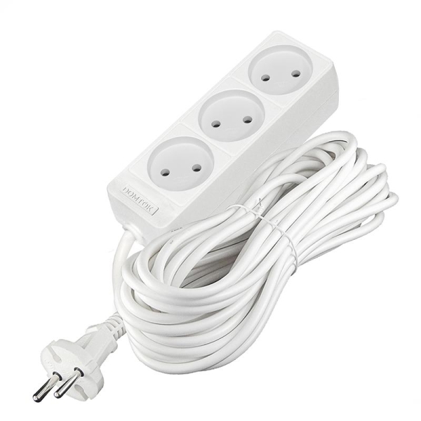 Удлинитель 3х10м без заземл. 10А IP20 2.2кВт ПВС 2х1 бел. DOMTOK 2350 Удлинитель 3х10м без заземл. 10А IP20 2.2кВт ПВС 2х1 бел. DOMTOK 2350