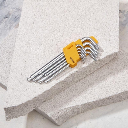 Набор ключей имбусовых Tamper-Torx 9шт ТТ10-ТТ50 закаленные удлиненные никель Kranz KR-12-5221