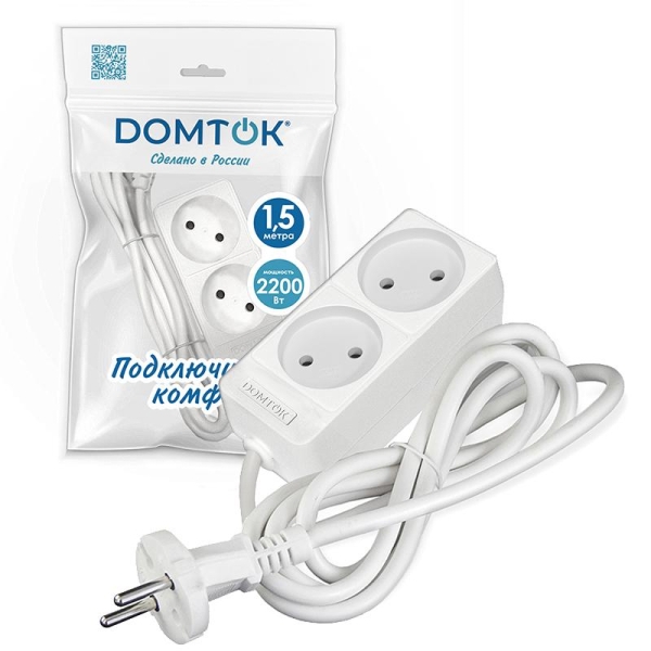 Удлинитель 2х1.5м без заземл. 10А IP20 2.2кВт ПВС 2х1 бел. DOMTOK 2344 Удлинитель 2х1.5м без заземл. 10А IP20 2.2кВт ПВС 2х1 бел. DOMTOK 2344