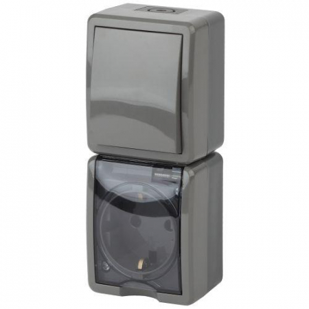 Блок розетка+выкл. ОП Эра Эксперт 11-7407-03 16А(10AX)-250В верт. IP54 сер. ЭРА Б0036005