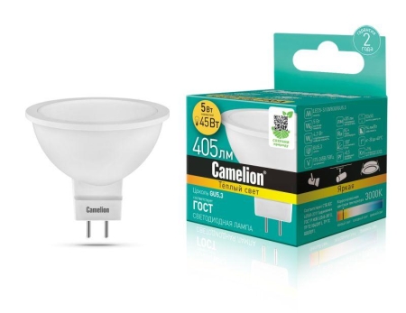 Лампа светодиодная LED5-S108/830/GU5.3 5Вт рефлектор матовая 3000К тепл. бел. GU5.3 405лм 170-265В Camelion 12041 Лампа светодиодная LED5-S108/830/GU5.3 5Вт рефлектор матовая 3000К тепл. бел. GU5.3 405лм 170-265В Camelion 12041