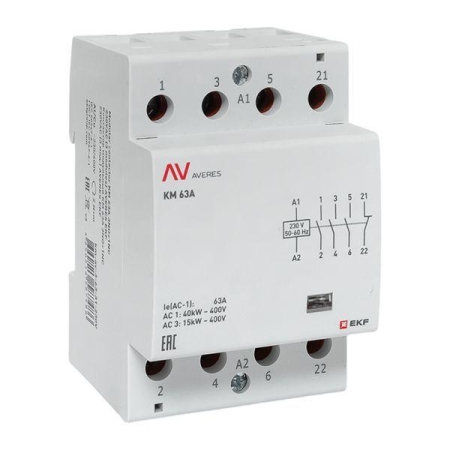 Контактор модульный КМ 63А 3NO+1NC 230В AC (3 мод.) AVERES EKF km-av-3-63-31-230V Контактор модульный КМ 63А 3NO+1NC 230В AC (3 мод.) AVERES EKF km-av-3-63-31-230V