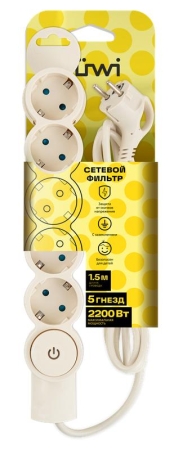 Фильтр сетевой 5х1.5м с/з с выкл 2кВт 10А/2 сл. кость Duwi 32570 3 Фильтр сетевой 5х1.5м с/з с выкл 2кВт 10А/2 сл. кость Duwi 32570 3