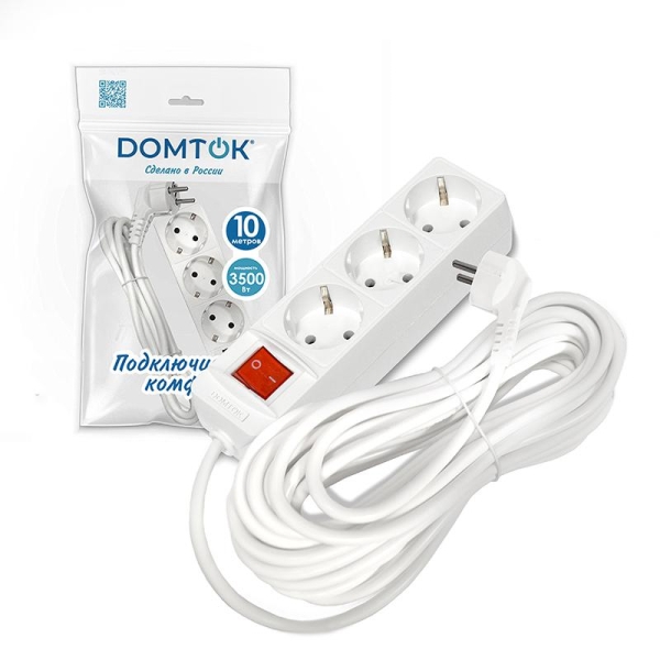 Удлинитель 3х10м с заземл. 16А IP20 3.5кВт ПВС 3х1 с выкл. бел. DOMTOK 2380 Удлинитель 3х10м с заземл. 16А IP20 3.5кВт ПВС 3х1 с выкл. бел. DOMTOK 2380