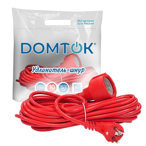 Удлинитель-шнур 1х10м с заземл. 10А IP20 2.2кВт ПВС 3х1 DOMTOK 2492 Удлинитель-шнур 1х10м с заземл. 10А IP20 2.2кВт ПВС 3х1 DOMTOK 2492