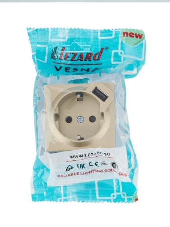 Розетка с заземл. + USB разъем VESNA зол. LEZARD 742-3688-181 Розетка с заземл. + USB разъем VESNA зол. LEZARD 742-3688-181