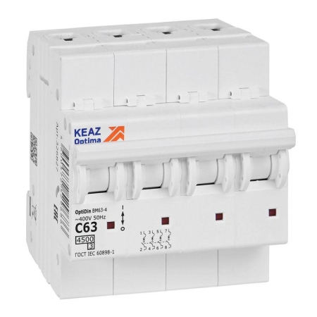 Выключатель автоматический модульный OptiDin BM63-4C63-4.5-УХЛ3 КЭАЗ 326827 Выключатель автоматический модульный OptiDin BM63-4C63-4.5-УХЛ3 КЭАЗ 326827