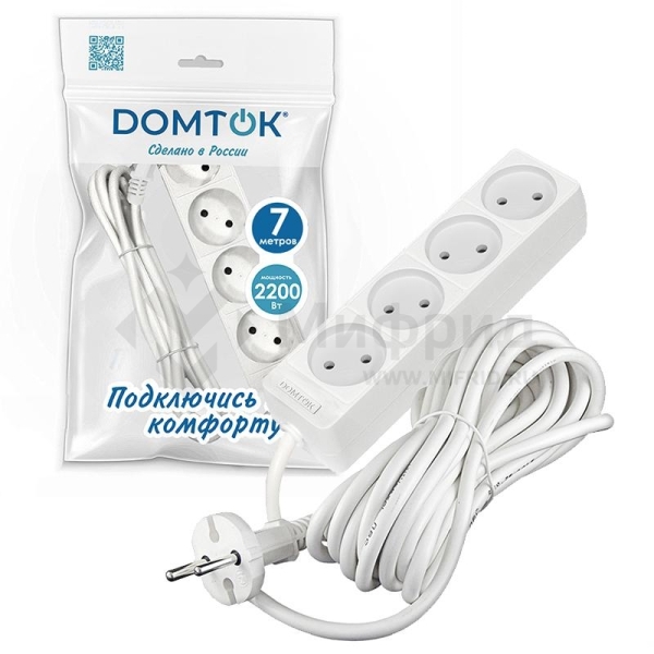 Удлинитель 4х7м без заземл. 10А IP20 2.2кВт ПВС 2х1 бел. DOMTOK 2358
