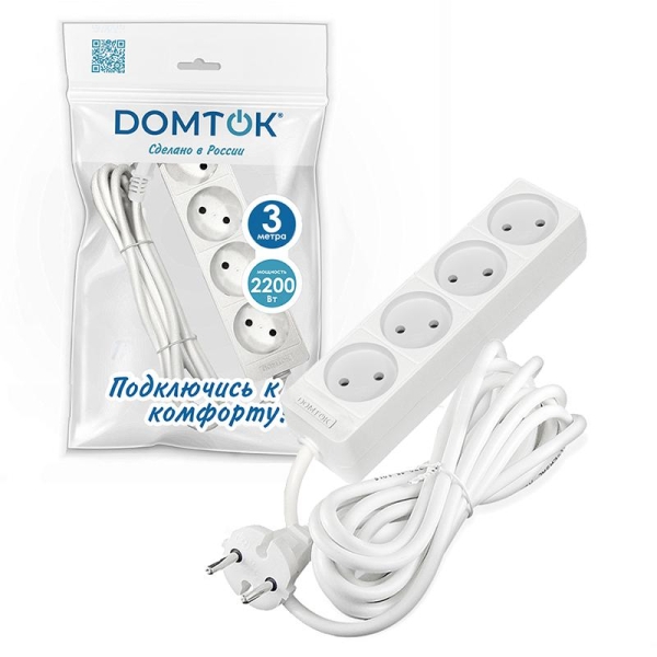 Удлинитель 4х3м без заземл. 10А IP20 2.2кВт ПВС 2х1 бел. DOMTOK 2356 Удлинитель 4х3м без заземл. 10А IP20 2.2кВт ПВС 2х1 бел. DOMTOK 2356