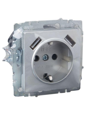 Розетка BRITE РЮш10-1-БрА 16А с USB A+A 2.1А с заземл. защ. шторки механизм алюм. IEK BR-R14-16-U21-D21-K47