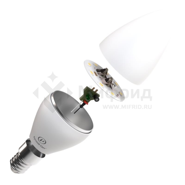 Лампа светодиодная RS LED C37 E14 8W 220-240V 8Вт свеча матовая 2700К тепл. бел. E14 800лм 220-240В Ra90 Русский Свет 15010545058