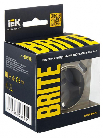 Розетка BRITE РЮш10-2-БрШ 16А с USB A+A 3.1А с заземл. защ. шторки механизм шампань IEK BR-R14-16-U21-D31-K37