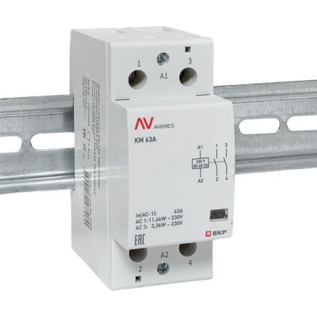 Контактор модульный КМ 63А 2NО 230В AC (2 мод.) AVERES EKF km-av-2-63-20-230V Контактор модульный КМ 63А 2NО 230В AC (2 мод.) AVERES EKF km-av-2-63-20-230V
