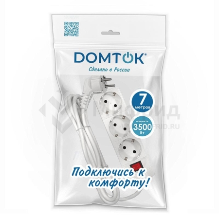 Удлинитель 3х7м с заземл. 16А IP20 3.5кВт ПВС 3х1 с выкл. бел. DOMTOK 2383