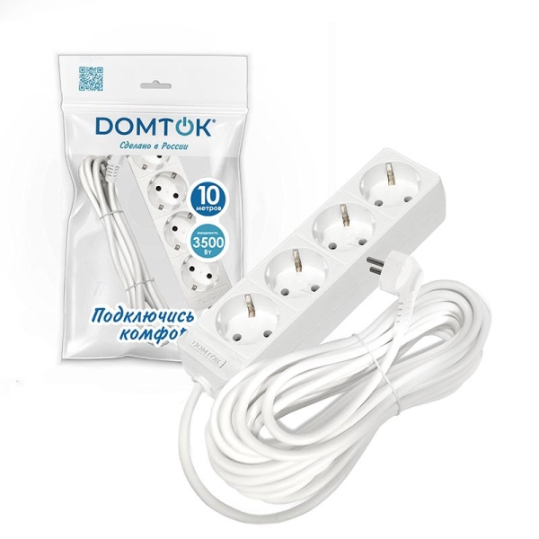Удлинитель 4х10м с заземл. 16А IP20 3.5кВт ПВС 3х1 бел. DOMTOK 2395 Удлинитель 4х10м с заземл. 16А IP20 3.5кВт ПВС 3х1 бел. DOMTOK 2395