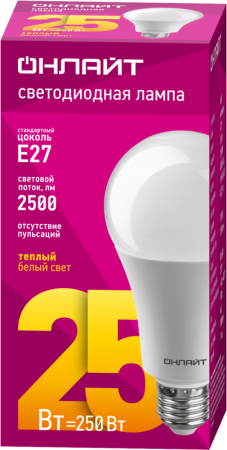 Лампа светодиодная 61 953 OLL-A60-25-230-2.7K-E27 25Вт грушевидная 2700К тепл. бел. E27 2500лм 176-264В ОНЛАЙТ 61953