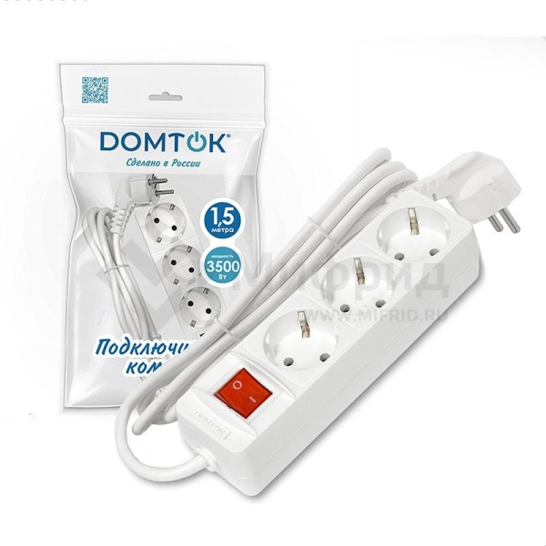 Удлинитель 3х1.5м с заземл. 16А IP20 3.5кВт ПВС 3х1 с выкл. бел. DOMTOK 2379