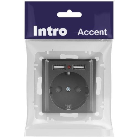 Розетка 1-м СП Accent 6-410-07 16А IP20 250В P+E Schuko + 2хUSB защ. шторки графит Intro Б0063702 Розетка 1-м СП Accent 6-410-07 16А IP20 250В P+E Schuko + 2хUSB защ. шторки графит Intro Б0063702