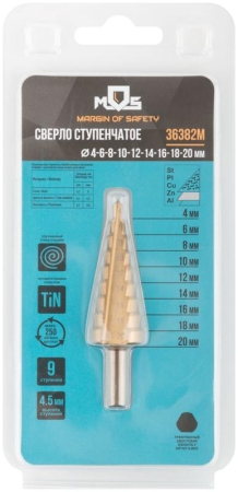Сверло ступенчатое HSS по металлу 9 ступеней 4-20мм MOS 36382М