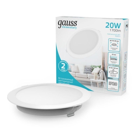 Светильник светодиодный Elementary Downlight 20Вт 4000К 1700лм 170-260В IP20 170х26 круг монтаж бел. GAUSS 997420218 Светильник светодиодный Elementary Downlight 20Вт 4000К 1700лм 170-260В IP20 170х26 круг монтаж бел. GAUSS 997420218