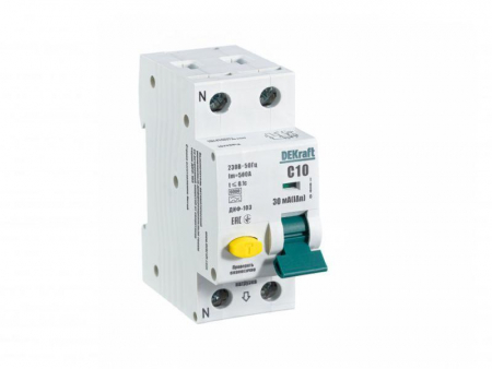 Выключатель автоматический дифференциального тока 2п (1P+N) C 10А 30мА тип A 6кА ДИФ-103 DEKraft 16228DEK Выключатель автоматический дифференциального тока 2п (1P+N) C 10А 30мА тип A 6кА ДИФ-103 DEKraft 16228DEK