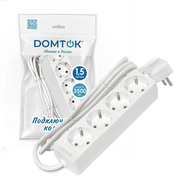 Удлинитель 4х1.5м с заземл. 16А IP20 3.5кВт ПВС 3х1 бел. DOMTOK 2394 Удлинитель 4х1.5м с заземл. 16А IP20 3.5кВт ПВС 3х1 бел. DOMTOK 2394