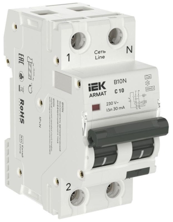 Выключатель автоматический дифференциального тока 2п (1P+NP) C 10 30мА тип A АВДТ B10N 36мм ARMAT IEK AR-B10N-1N-C010A030 Выключатель автоматический дифференциального тока 2п (1P+NP) C 10 30мА тип A АВДТ B10N 36мм ARMAT IEK AR-B10N-1N-C010A030